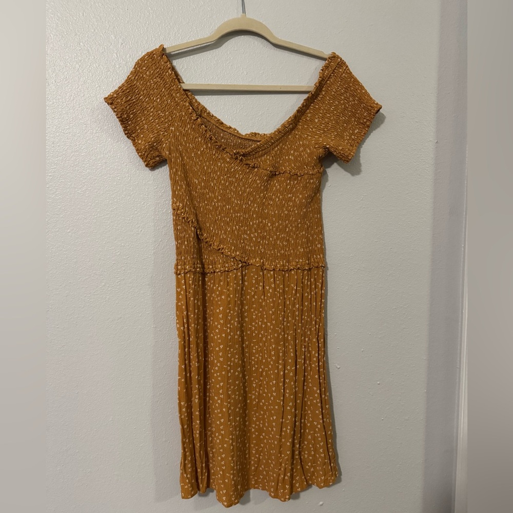 Shirred Yellow Mini Dress w/ White Flowers & Wrap Effect